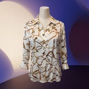 L’AGENCE size S 100% Silk Women's Chain Print Button-Up Blouse - White